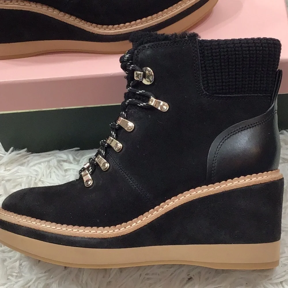 Kate Spade Black suede lamb fur Willow wedge heel Winter Boots with Tan Sole NIB